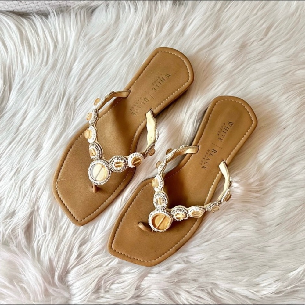 WHBM Capri Nude Cream Beaded Leather Boho Thong Sandals